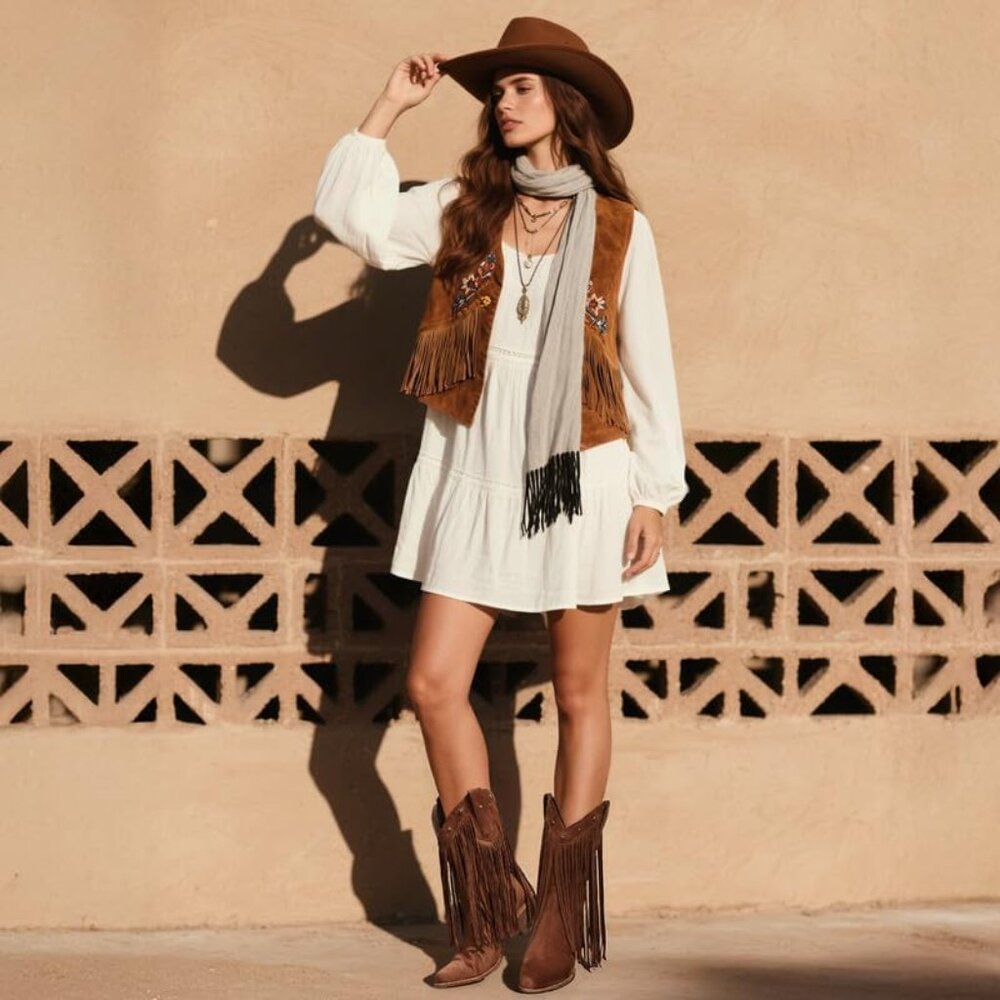 ⚡Women's Dark Brown Mid Calf Cowgirl Boots Star Studded Pointed Toe Chunky Heel - Picture 5 of 5